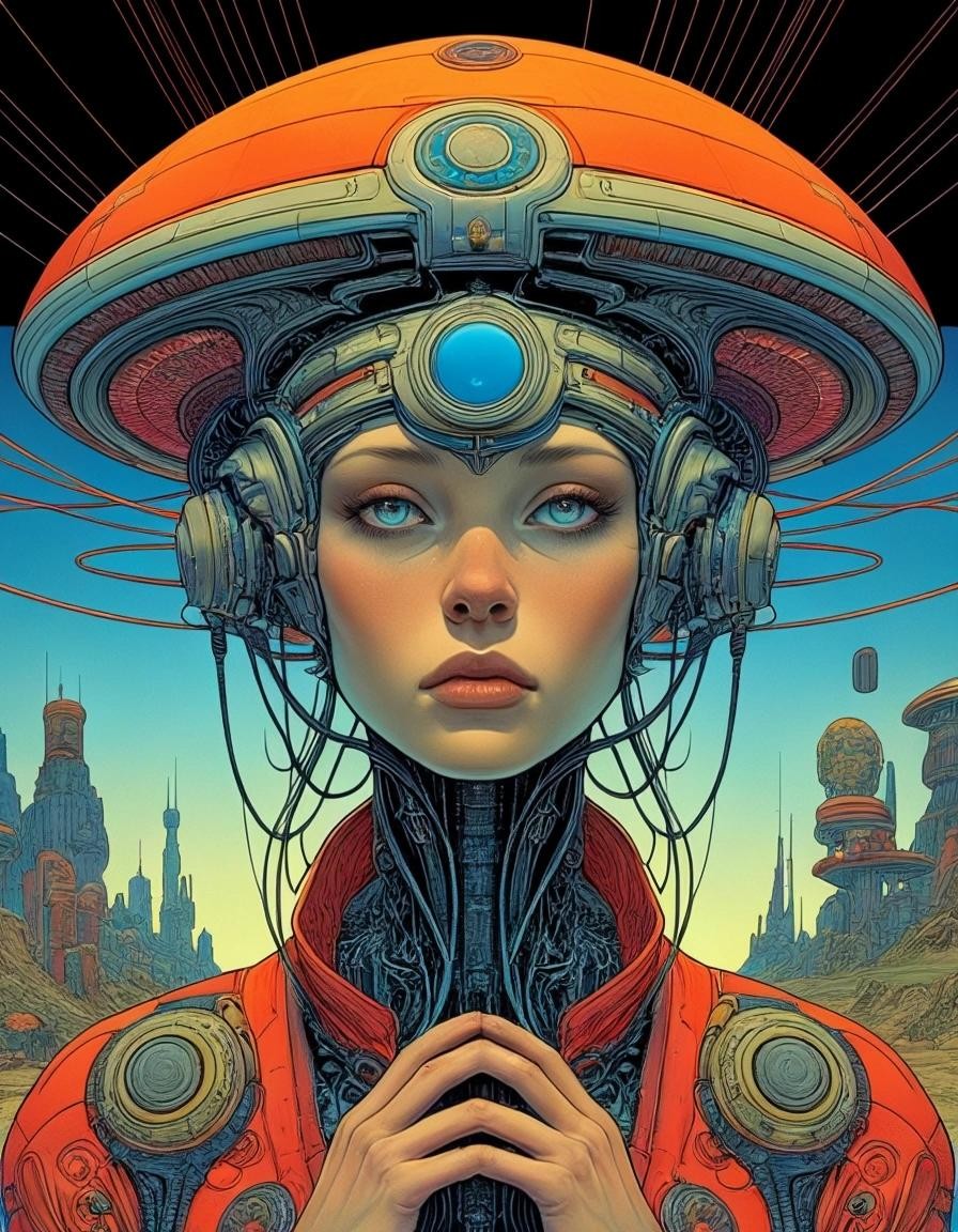 Image with seed 3949016735 generated via Stable Diffusion through @stablehorde@sigmoid.social. Prompt: Forgotten Future's Spirit of Misfortune,  Futuristic Sci-Fi Biopunk Art Nouveau, Moebius, Enki Bilal, psychedelic, magic mushrooms 