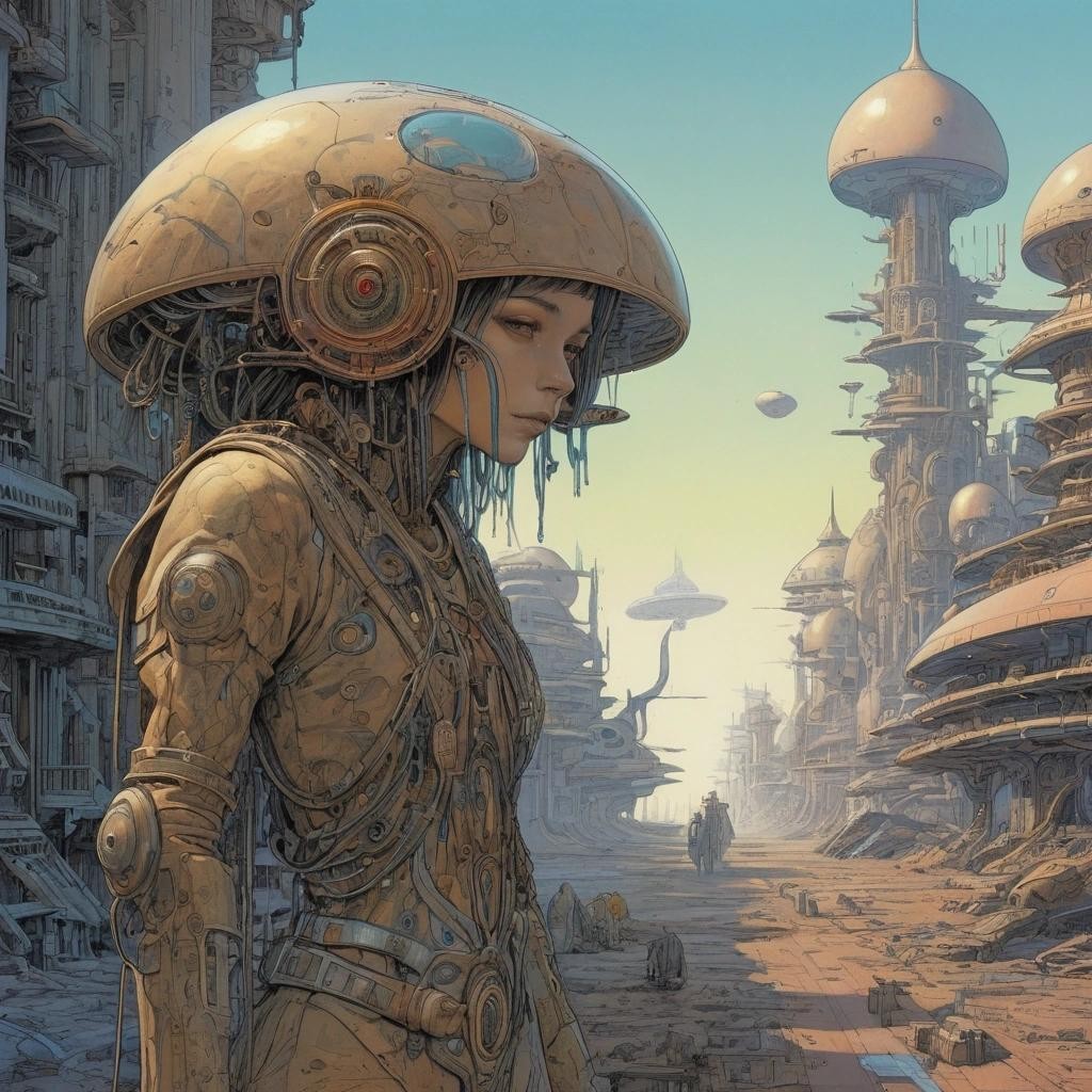 Image with seed 1961428588 generated via Stable Diffusion through @stablehorde@sigmoid.social. Prompt: Forgotten Future's Spirit of Misfortune,  Futuristic Sci-Fi Biopunk Art Nouveau, Moebius, Enki Bilal, psychedelic, magic mushrooms 