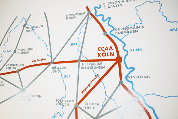 Map of ancient Cologne’s connecting roads to other Roman settlements in the surrounding area.