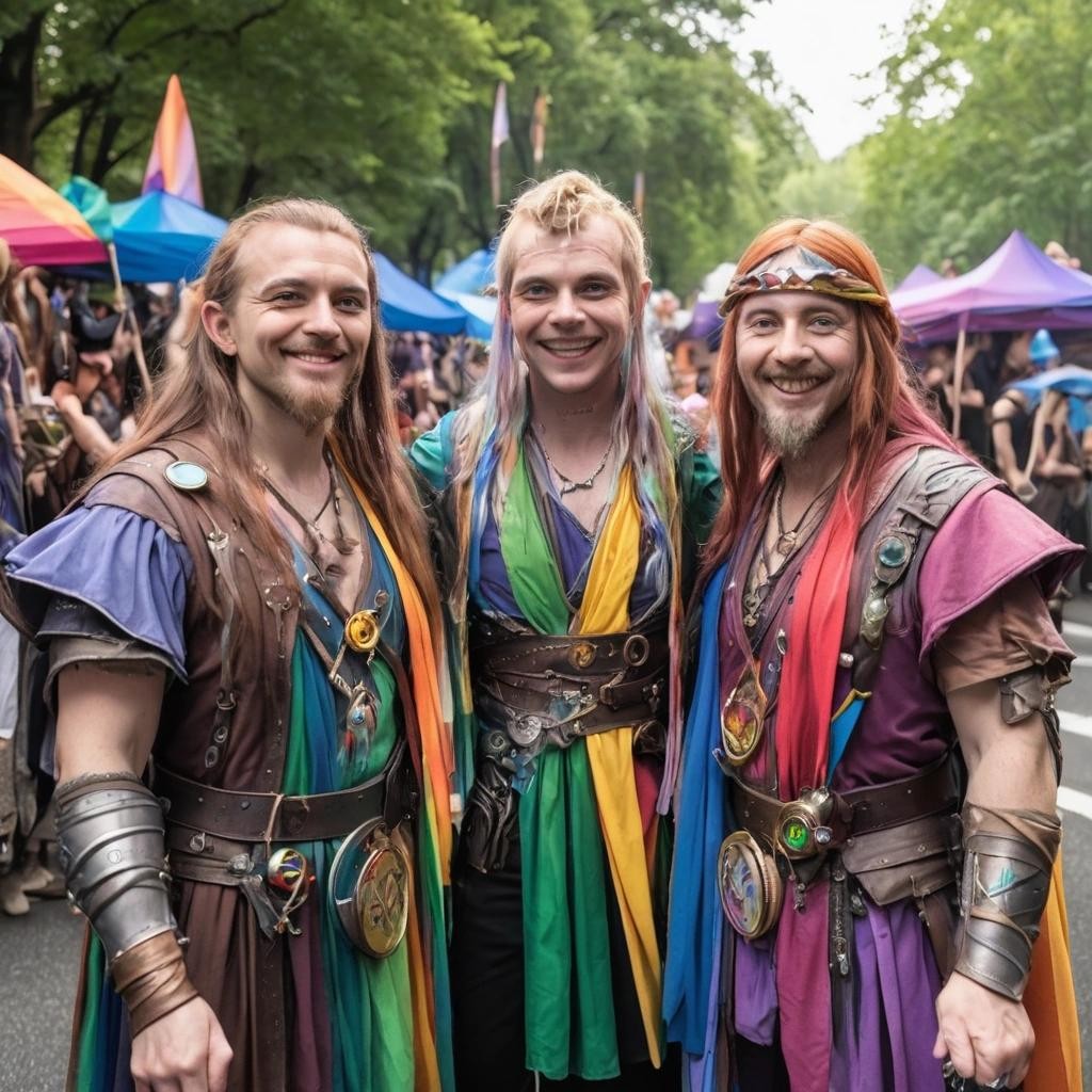 Image with seed 3608512629 generated via Stable Diffusion through @stablehorde@sigmoid.social. Prompt: gay wizards at fantasy LGBTQ pride parade in Middle-Earth, lesbian elves, queer hobbits, leather dwarves, rainbow flags, magic