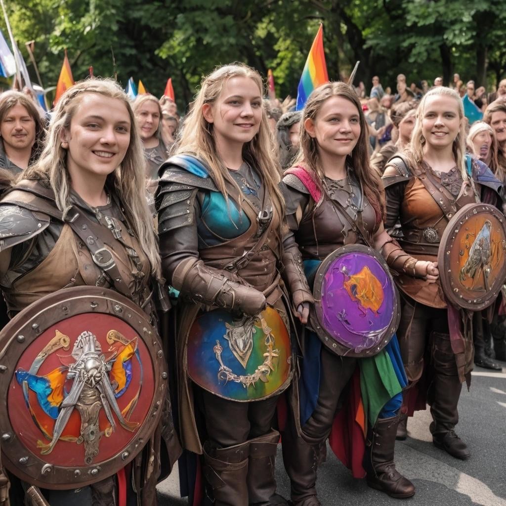 Image with seed 3647340312 generated via Stable Diffusion through @stablehorde@sigmoid.social. Prompt: lesbian shieldmaidens at fantasy LGBTQ pride parade in Middle-Earth, gay elves, queer hobbits, leather dwarves, rainbow flags, magic