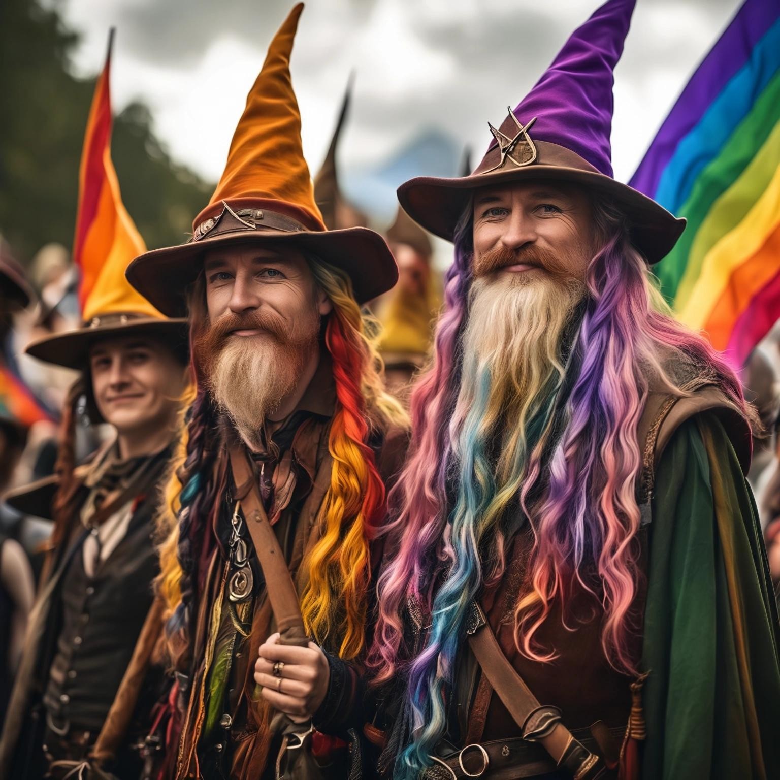 Image with seed 3529843652 generated via Stable Diffusion through @stablehorde@sigmoid.social. Prompt: gay wizards at fantasy LGBTQ pride parade in Middle-Earth, lesbian elves, queer hobbits, leather dwarves, rainbow flags, magic 