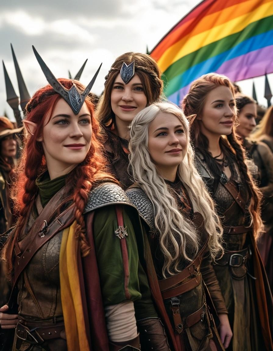 Image with seed 4125700917 generated via Stable Diffusion through @stablehorde@sigmoid.social. Prompt: lesbian shieldmaidens at fantasy LGBTQ pride parade in Middle-Earth, gay elves, queer hobbits, leather dwarves, rainbow flags, magic 