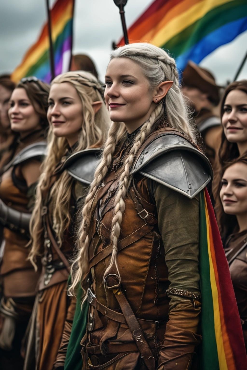 Image with seed 1966517346 generated via Stable Diffusion through @stablehorde@sigmoid.social. Prompt: lesbian shieldmaidens at fantasy LGBTQ pride parade in Middle-Earth, gay elves, queer hobbits, leather dwarves, rainbow flags, magic 