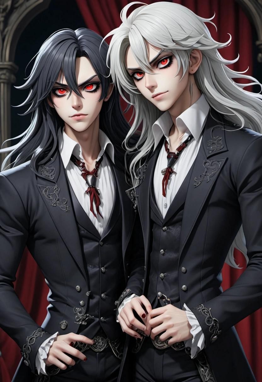 Image with seed 2268982664 generated via Stable Diffusion through @stablehorde@sigmoid.social. Prompt: two gay bishounen vampires, pretty boys, long hair, roccoco undead, anime 