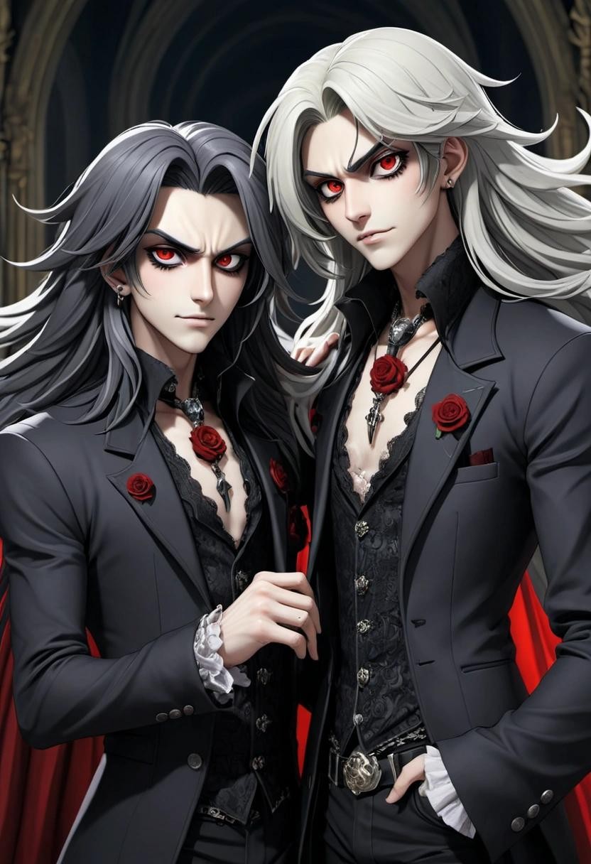 Image with seed 865077267 generated via Stable Diffusion through @stablehorde@sigmoid.social. Prompt: two gay bishounen vampires, pretty boys, long hair, roccoco undead, anime 