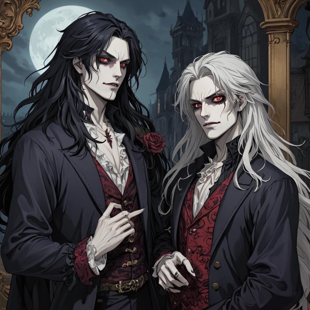 Image with seed 2899090775 generated via Stable Diffusion through @stablehorde@sigmoid.social. Prompt: two gay bishounen vampires, pretty boys, long hair, roccoco undead, ###