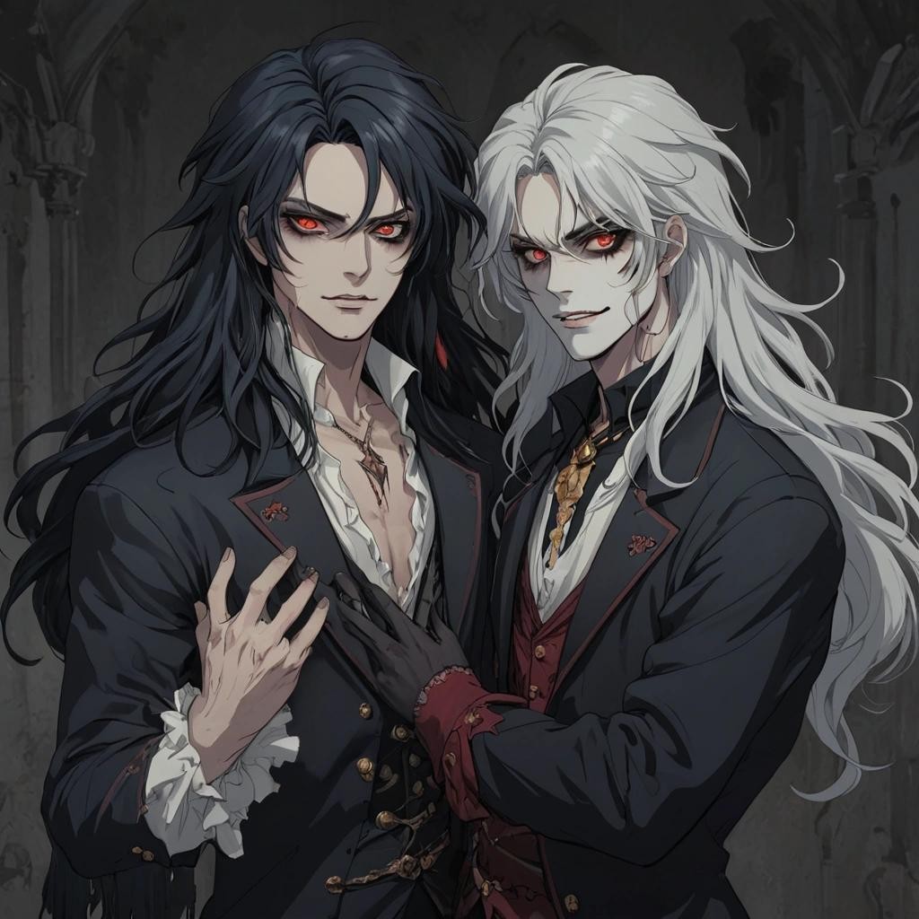 Image with seed 2485502687 generated via Stable Diffusion through @stablehorde@sigmoid.social. Prompt: two gay bishounen vampires, pretty boys, long hair, roccoco undead, anime, ###