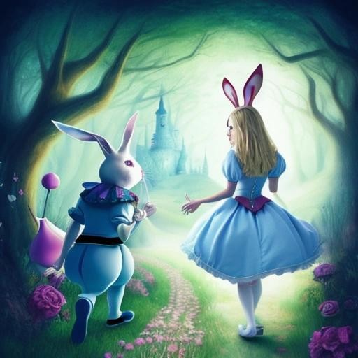 Image with seed 3636780890 generated via Stable Diffusion through @stablehorde@sigmoid.social. Prompt: Alice in wonderland, following a white rabbit, fairy tales, in fantasy style 