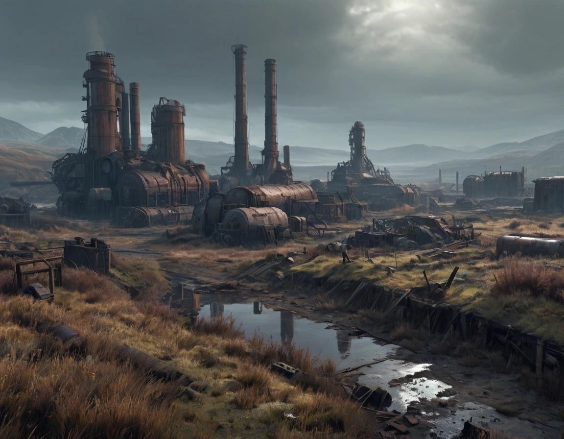 Image with seed 887406215 generated via Stable Diffusion through @stablehorde@sigmoid.social. Prompt: Industrial, destroyed Northern british Landscape, high detailed, photorealism, retrofuturistic design 1960, from the game Fallout glow, misty, mutants, ruins, wrecks, rusty, ultrarealistic