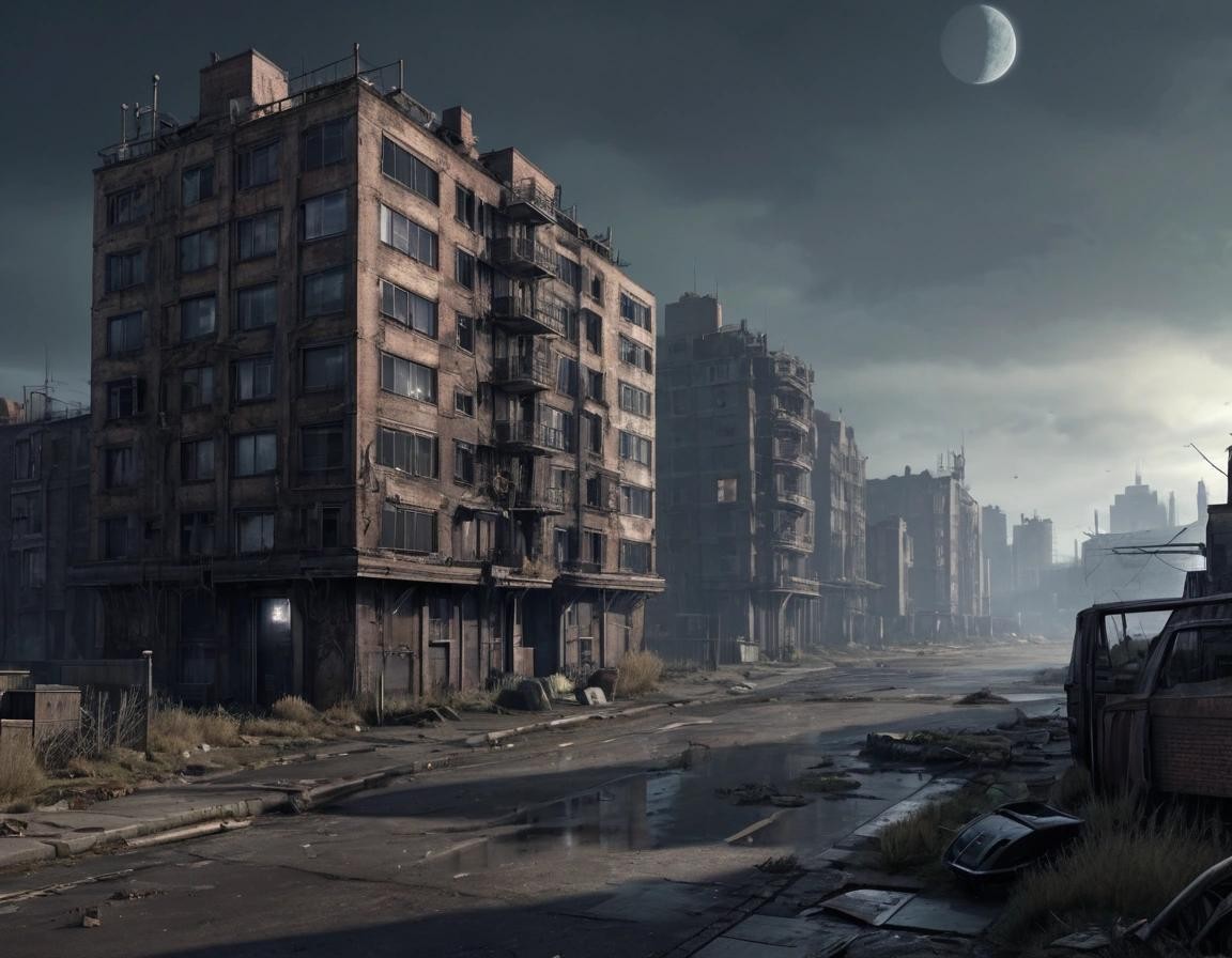 Image with seed 811242181 generated via Stable Diffusion through @stablehorde@sigmoid.social. Prompt: Residential, destroyed british cityscape, high detailed, photorealism, retrofuturistic design 1980, from the game Fallout, moon glow, misty, mutants, ruins, wrecks, rusty, ultrarealistic