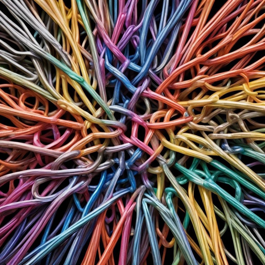 Image with seed 467518041 generated via Stable Diffusion through @stablehorde@sigmoid.social. Prompt: Stunning macro photograph of colorful paperclips intertwined in an intricate pattern, capturing the details and textures of the metal, set against a plain white background, by Edward Weston and Karl Blossfeldt, paperclips, macro photography, intricate pattern, detailed, high-resolution