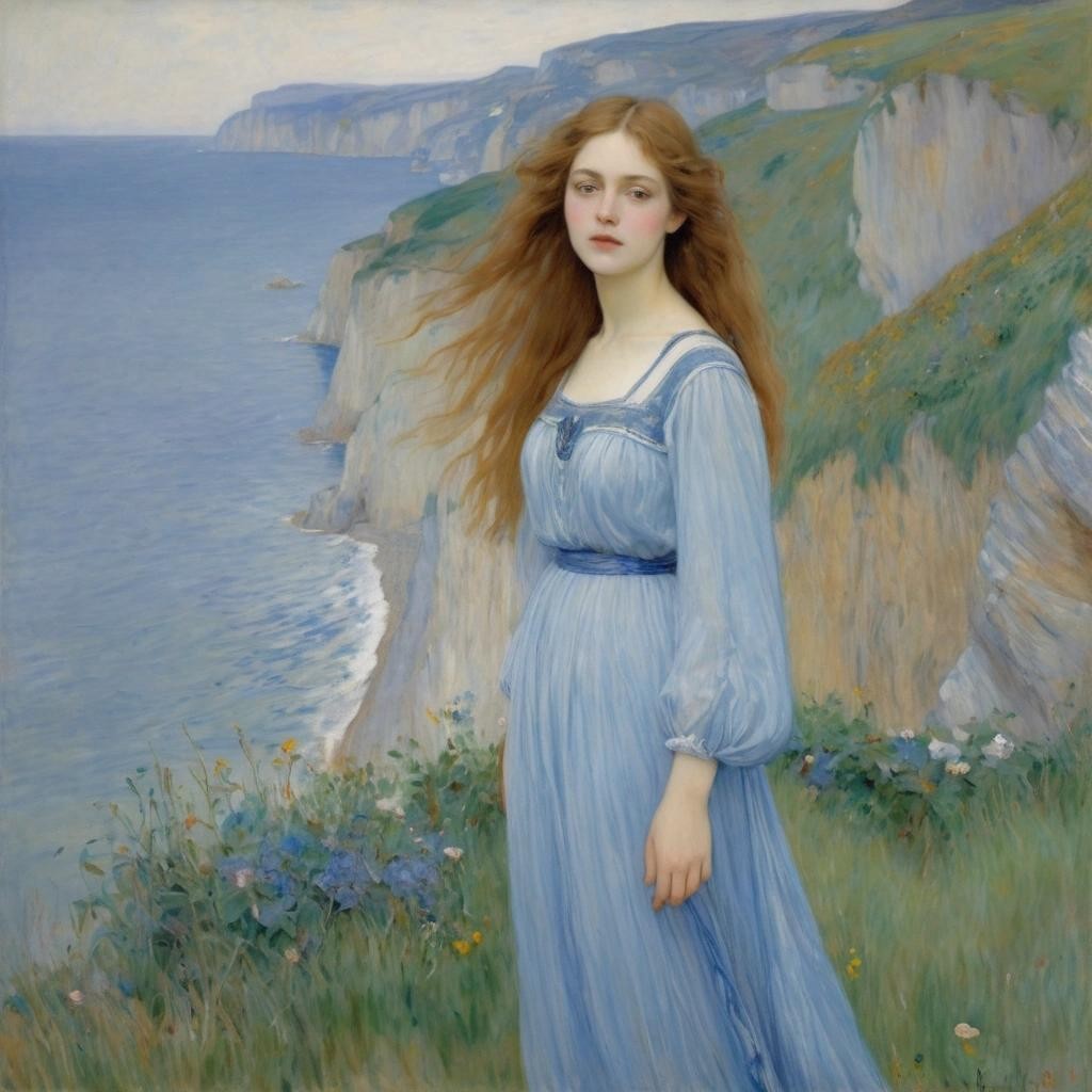 Image with seed 135231689 generated via Stable Diffusion through @stablehorde@sigmoid.social. Prompt: a beautiful young woman shown in half length, looking toward us, with long hair and pale face, wearing a classic blue dress, near sea cliffs, by Gustav Klimt, John Singer Sargent, Pierre Bonnard, Harald Sohlberg 