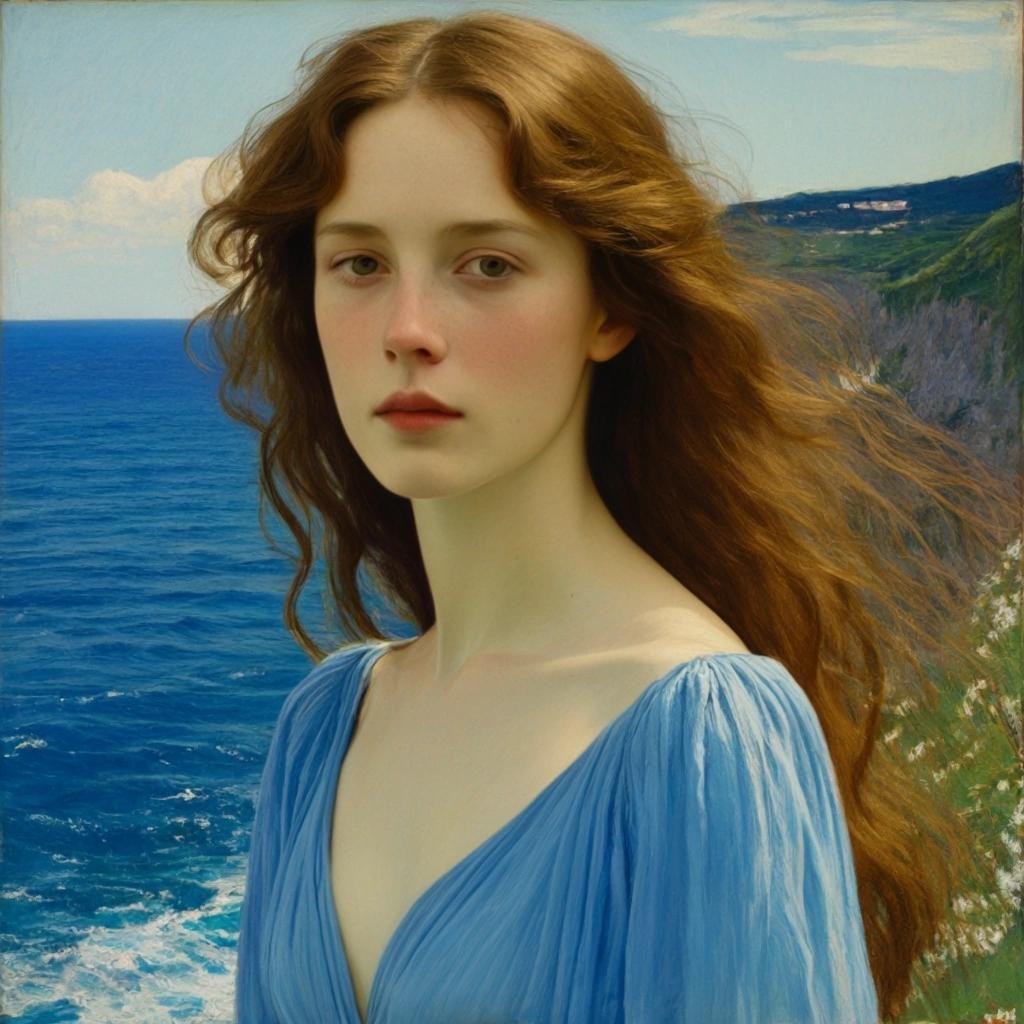 Image with seed 2988934544 generated via Stable Diffusion through @stablehorde@sigmoid.social. Prompt: a beautiful young woman shown in half length, looking toward us, with long hair and pale face, wearing a classic blue dress, near sea cliffs, by Gustav Klimt, John Singer Sargent, Pierre Bonnard, Harald Sohlberg 