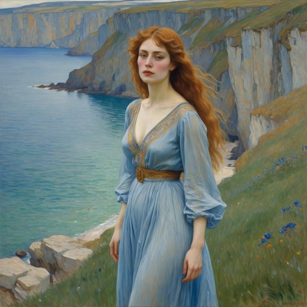 Image with seed 815299181 generated via Stable Diffusion through @stablehorde@sigmoid.social. Prompt: a beautiful young woman shown in half length, looking toward us, with long hair and pale face, wearing a classic blue dress, near sea cliffs, by Gustav Klimt, John Singer Sargent, Pierre Bonnard, Harald Sohlberg 