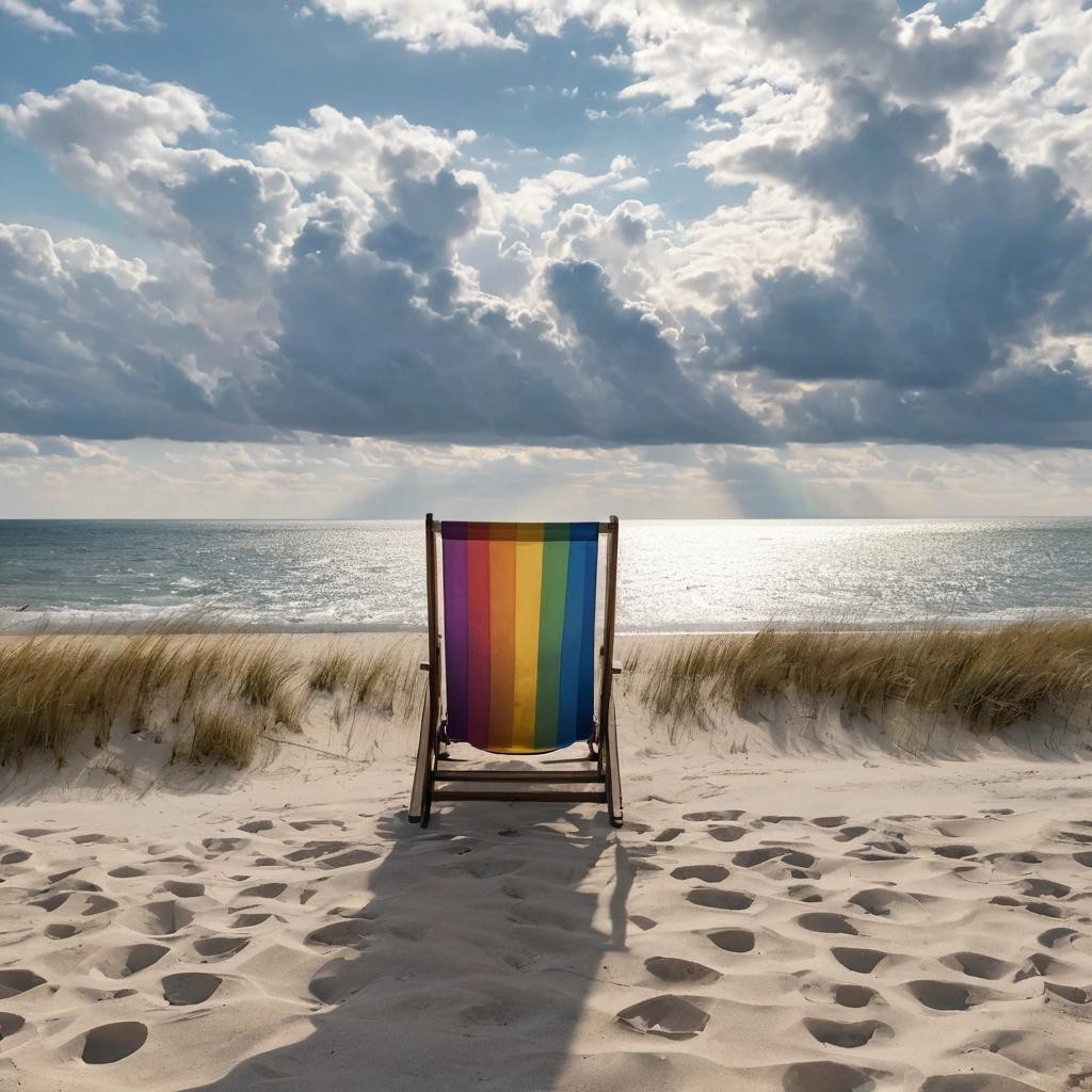 Image with seed 1522908805 generated via Stable Diffusion through @stablehorde@sigmoid.social. Prompt: a photo, child running on the beah to the water (photo from behind), 1 beach chair left and right, horizont with baltic sea, fluffy clouds and small rainbow