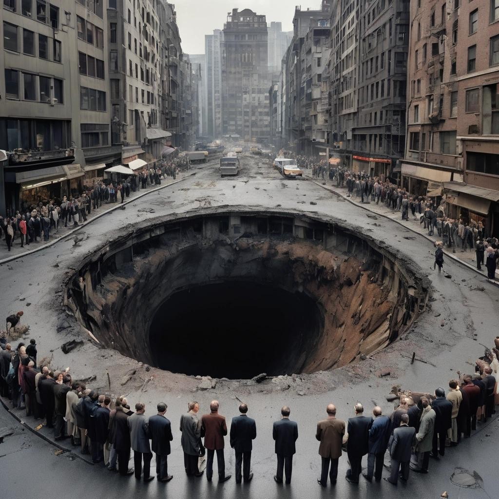 Image with seed 3686808142 generated via Stable Diffusion through @stablehorde@sigmoid.social. Prompt: Dramatic photograph of a large, mysterious hole in the middle of a bustling city street, with people curiously looking into it and the cityscape in the background, by Andreas Gursky and Gregory Crewdson, hole in the city, bustling street, curious onlookers, urban landscape, detailed, high-resolution###Deformed, blurry, bad composition, poorly lit, overexposed, underexposed, noisy, out of focus, motion blur, lens flare