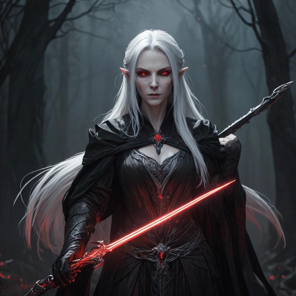Image with seed 1220250365 generated via Stable Diffusion through @stablehorde@sigmoid.social. Prompt: a pale elven woman, in a black robe, gray hair, red eyes, glowing sword, dark fantasy, Skyrim