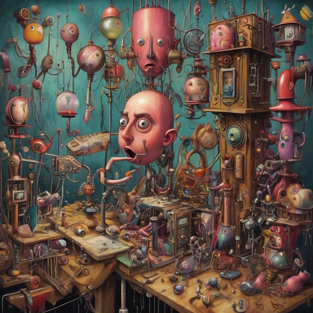 Image with seed 1975079907 generated via Stable Diffusion through @stablehorde@sigmoid.social. Prompt: The Rube Goldberg Incident, pop surrealism, elektrodada, mixed media, incredible machine, weird creatures, strange people, fantasy, whimsical, fortissimo, suddenly very gay