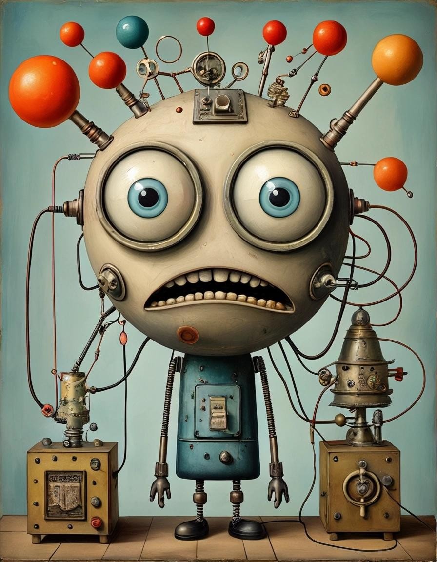 Image with seed 12505056 generated via Stable Diffusion through @stablehorde@sigmoid.social. Prompt: The Rube Goldberg Incident, pop surrealism, elektrodada, mixed media, incredible machine, weird creatures, strange people, fantasy, whimsical, fortissimo, suddenly very gay 