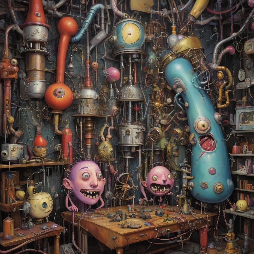 Image with seed 2769359446 generated via Stable Diffusion through @stablehorde@sigmoid.social. Prompt: The Rube Goldberg Incident, pop surrealism, elektrodada, mixed media, incredible machine, weird creatures, strange people, fantasy, whimsical, fortissimo, suddenly very gay 