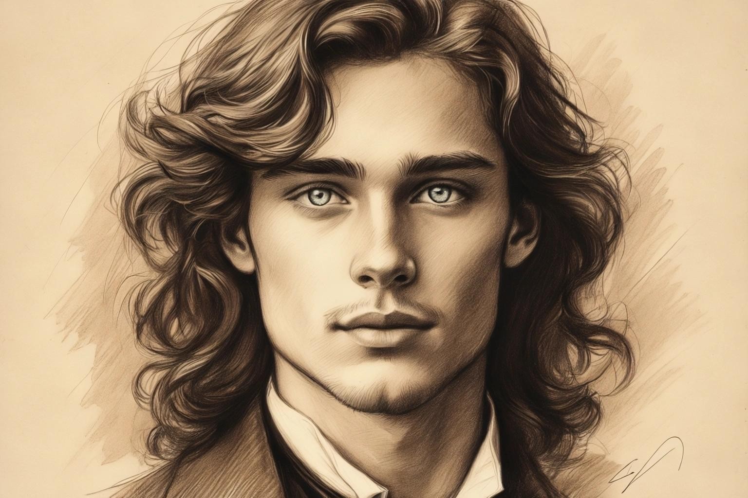 Image with seed 298154186 generated via Stable Diffusion through @stablehorde@sigmoid.social. Prompt: Charcoal and sepia sketch of a beautiful young aristocratic man with long wavy brown hair and bright blue eyes, dreamy 