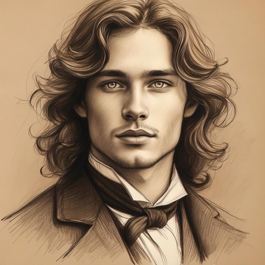 Image with seed 1569318982 generated via Stable Diffusion through @stablehorde@sigmoid.social. Prompt: Charcoal and sepia sketch of a beautiful young aristocratic man with long wavy brown hair and bright blue eyes, dreamy 