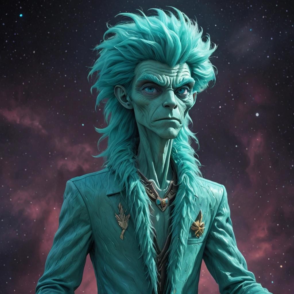 Image with seed 2709208949 generated via Stable Diffusion through @stablehorde@sigmoid.social. Prompt: The President of the Galaxy, tall skinny alien with fluffy turquoise fur ###