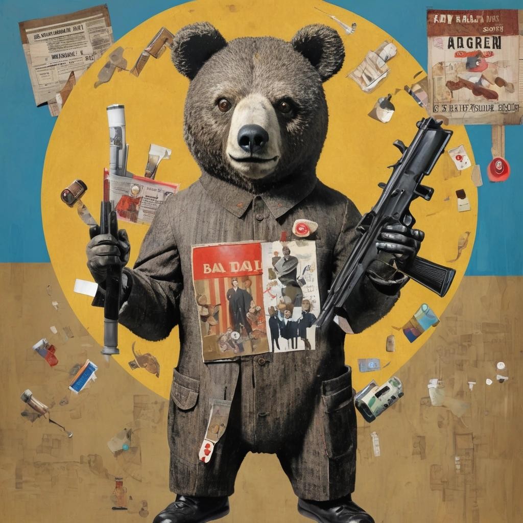 Image with seed 1919405649 generated via Stable Diffusion through @stablehorde@sigmoid.social. Prompt: the right to arm bears, dada, surrealism, silly, mixed media, collage
