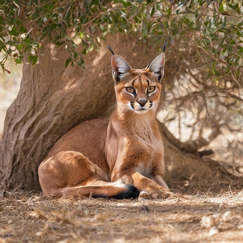 Image with seed 4114014318 generated via Stable Diffusion through @stablehorde@sigmoid.social. Prompt: a beautiful caracal sitting under a tree