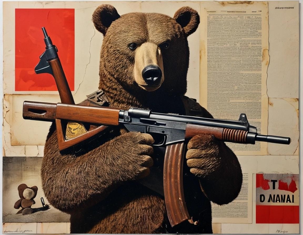 Image with seed 1272223362 generated via Stable Diffusion through @stablehorde@sigmoid.social. Prompt: the right to arm bears, dada, surrealism, silly, mixed media, collage 