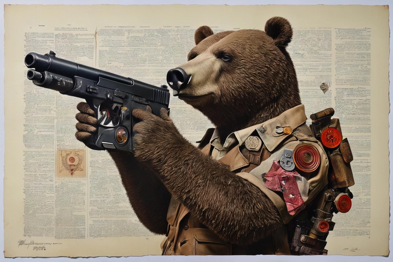 Image with seed 1833062515 generated via Stable Diffusion through @stablehorde@sigmoid.social. Prompt: the right to arm bears, dada, surrealism, silly, mixed media, collage 