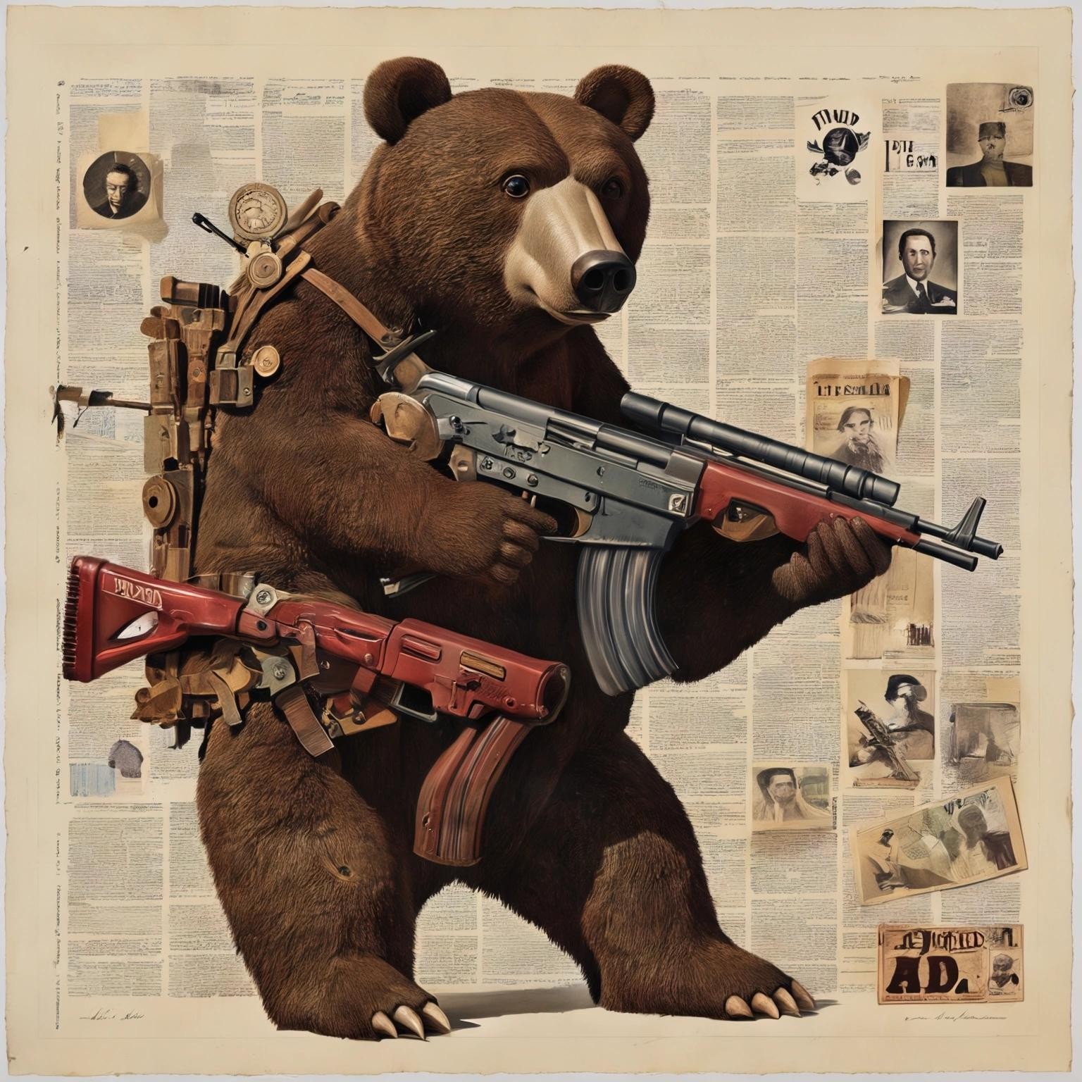 Image with seed 2101565370 generated via Stable Diffusion through @stablehorde@sigmoid.social. Prompt: the right to arm bears, dada, surrealism, silly, mixed media, collage 