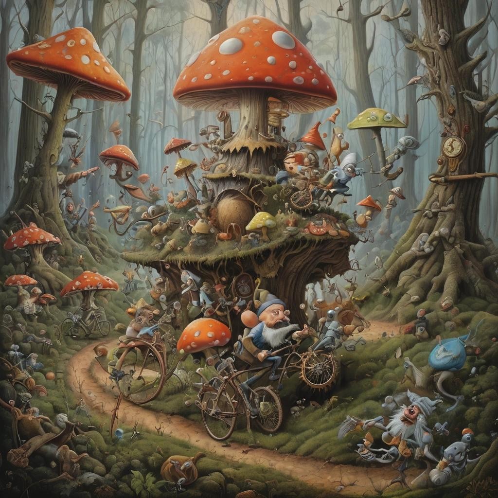 Image with seed 3223255722 generated via Stable Diffusion through @stablehorde@sigmoid.social. Prompt: lost souls in the forest of time, goblin riding a bicycle, fairies, mushrooms, gnomes, weird furry creatures, clocks, pocketwatches, surrealism, weird, whimsical, dreamlike, highly detailed, fantasy, oil on canvas, Jacek Yerka, Salvador Dali, Hieronymus Bosch