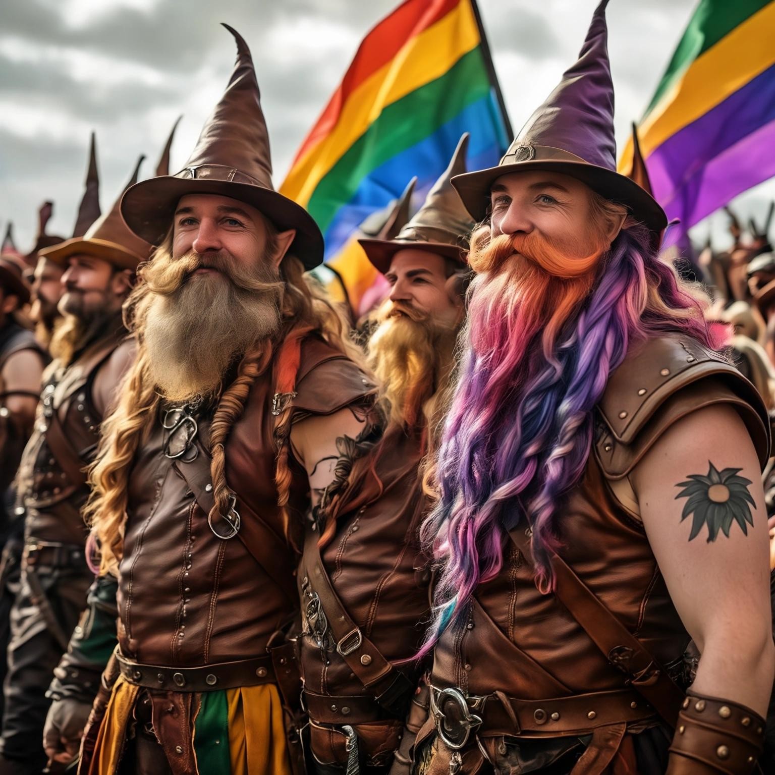 Image with seed 3109865532 generated via Stable Diffusion through @stablehorde@sigmoid.social. Prompt: gay leather dwarves at fantasy LGBTQ pride parade in Middle-Earth, lesbian elves, queer hobbits, nonbinary wizards, rainbow flags, magic 