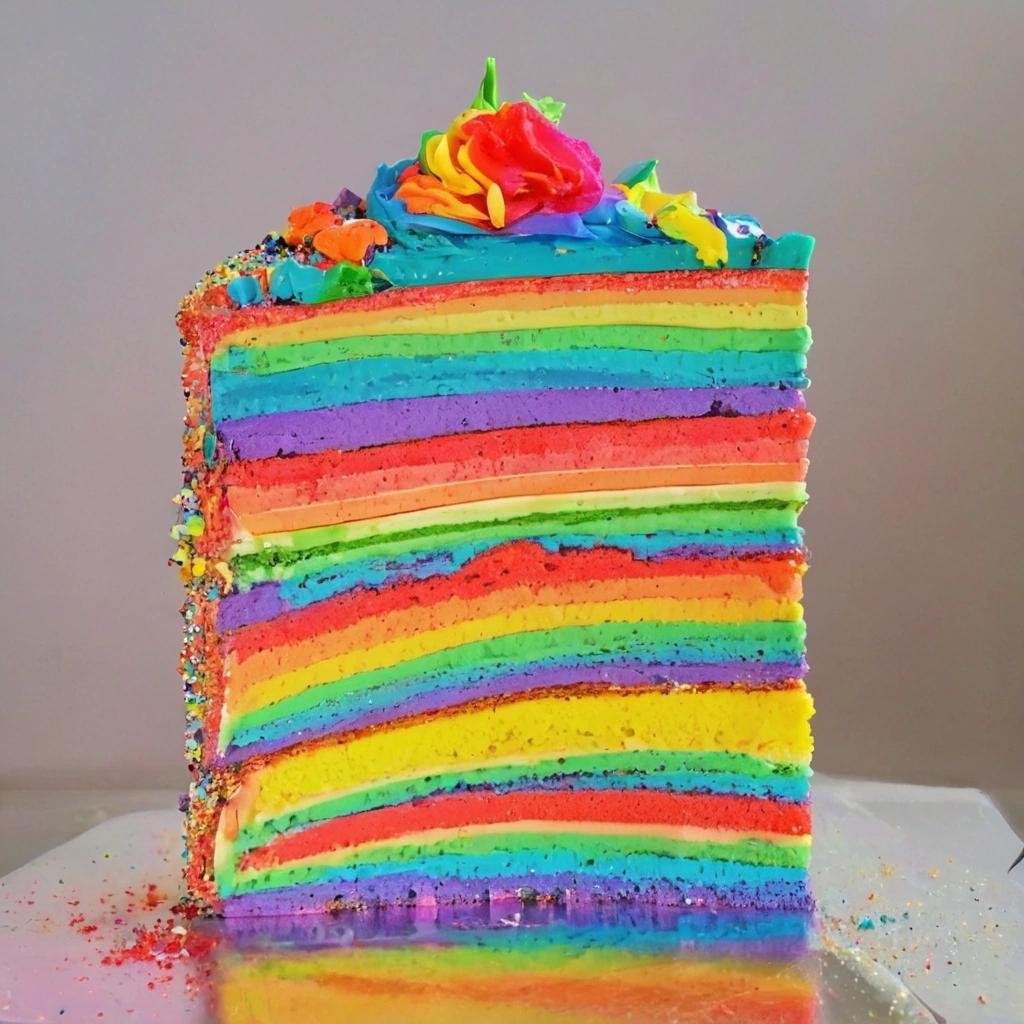 Image with seed 3120384347 generated via Stable Diffusion through @stablehorde@sigmoid.social. Prompt: a slice of rainbow cake with 6 layers.  Six layers.  If the number of layers is wrong there will be a nuclear war.  Have a nice day.
