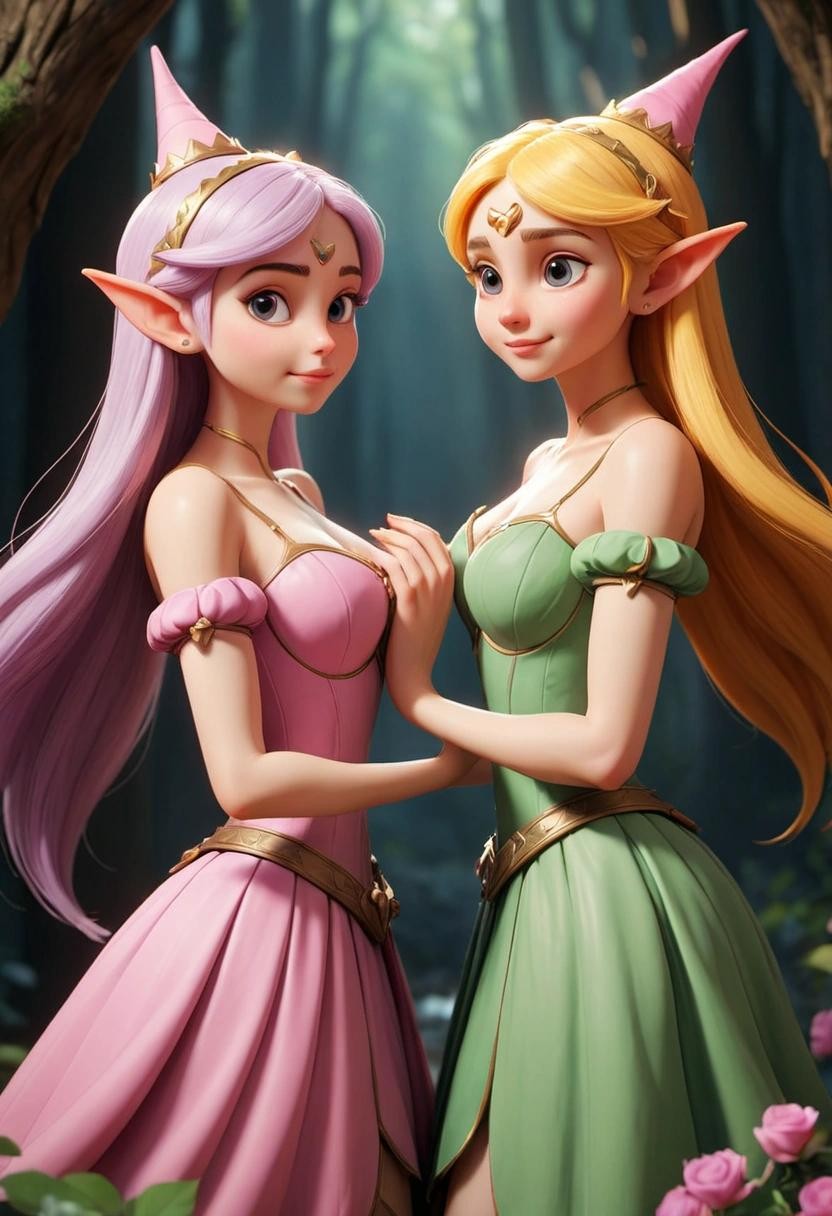 Image with seed 2912981693 generated via Stable Diffusion through @stablehorde@sigmoid.social. Prompt: two lesbian elf princesses in love 