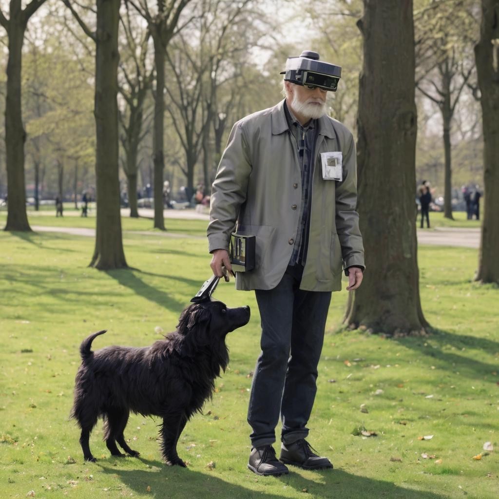 Image with seed 1615634405 generated via Stable Diffusion through @stablehorde@sigmoid.social. Prompt: a man who has a VHS cassette as a head, he is walking in a park, beside him is his dog which has a telescopic lens as a head, it is springtime