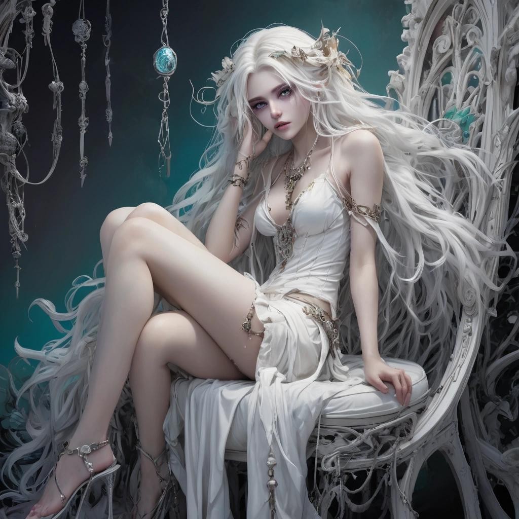 Image with seed 3458888154 generated via Stable Diffusion through @stablehorde@sigmoid.social. Prompt: The image of a seductively dishevelled fairy sitting barefoot on a beautiful white chair, her long white hair in an intricate shade with decorative metal pendants, exudes a subtle appeal. In her torn white clothes, which barely cover her beautiful body, she radiates a sense of freedom. The enchanting fairy evokes a sense of intrigue and fascination, a seductive pose on a complex surreal SF background, black and teal, purple, orange anthracite, very sensual