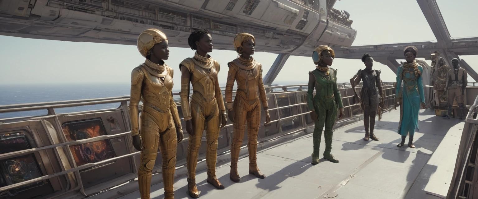 Image with seed 1168308253 generated via Stable Diffusion through @stablehorde@sigmoid.social. Prompt: African space travellers on the bridge of the first Panafrican starship, Afrofuturism, Space Opera, science fiction, wide angle, cinematic 