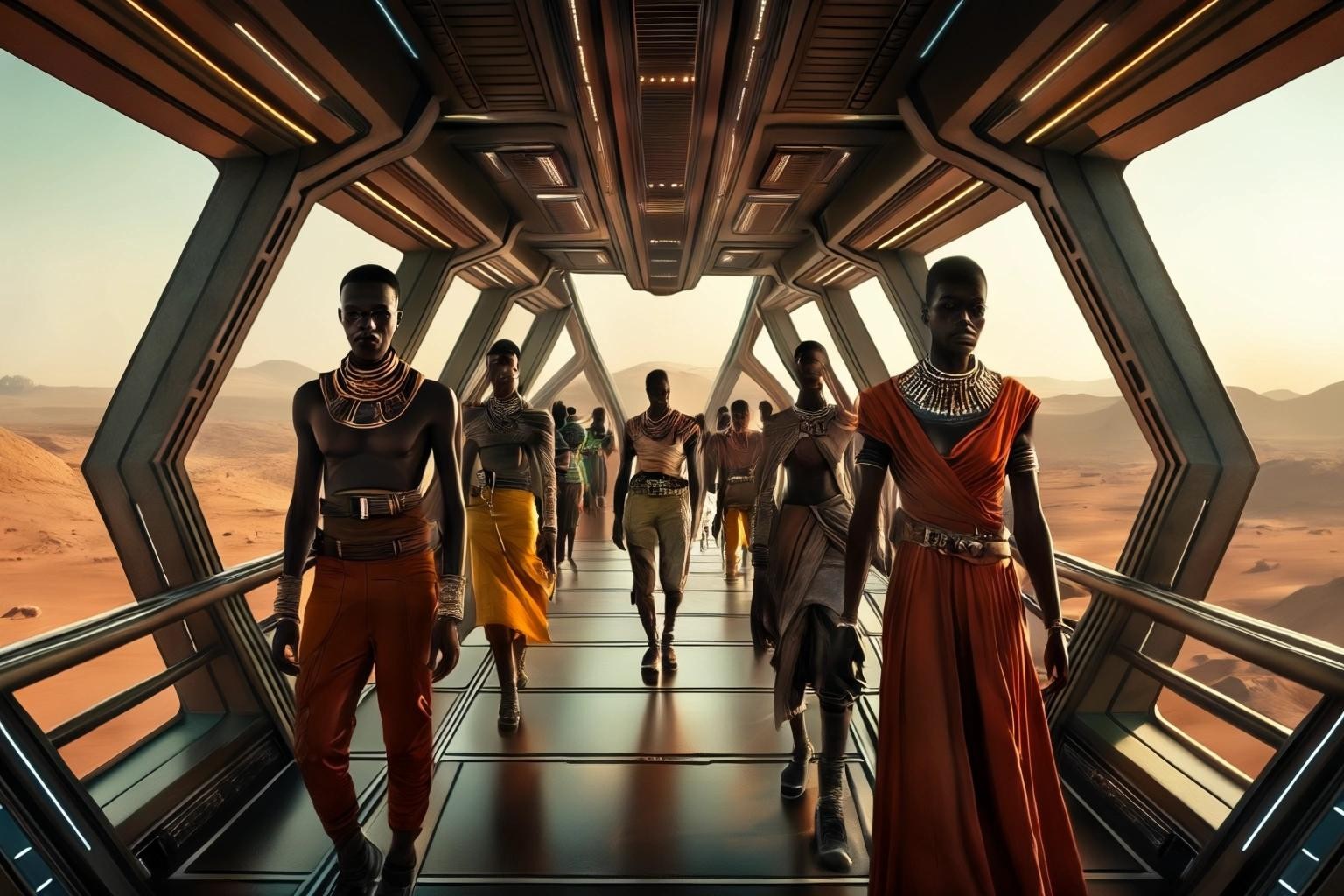 Image with seed 3179538174 generated via Stable Diffusion through @stablehorde@sigmoid.social. Prompt: African space travellers on the bridge of the first Panafrican starship, Afrofuturism, Space Opera, science fiction, wide angle, cinematic 