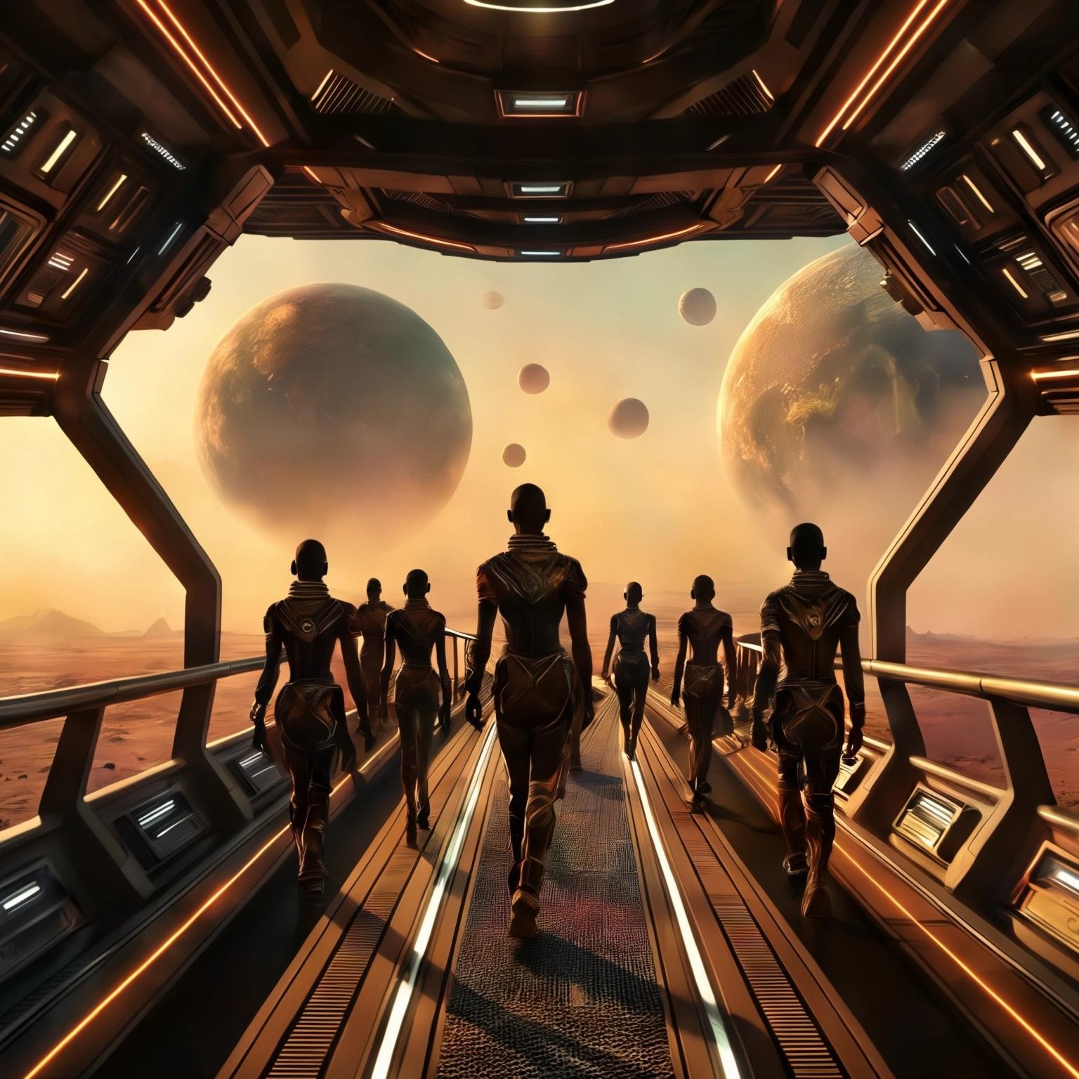 Image with seed 1397065498 generated via Stable Diffusion through @stablehorde@sigmoid.social. Prompt: African space travellers on the bridge of the first Panafrican starship, Afrofuturism, Space Opera, science fiction, wide angle, cinematic 