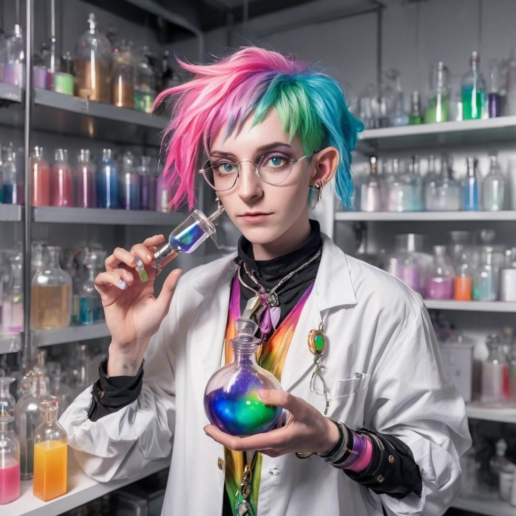 Image with seed 533164727 generated via Stable Diffusion through @stablehorde@sigmoid.social. Prompt: An androgynous genderqueer nonbinary alchemist holding a flask of rainbow coloured gender fluid in their laboratory, (elf), (pointy ears), fantasy, (masterpiece), best quality, expressive eyes, perfect face