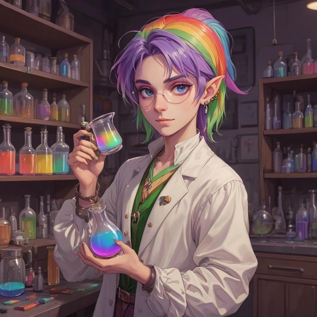 Image with seed 491192000 generated via Stable Diffusion through @stablehorde@sigmoid.social. Prompt: An androgynous genderqueer nonbinary alchemist holding a flask of rainbow coloured gender fluid in their laboratory, (elf), (pointy ears), fantasy, (masterpiece), best quality, expressive eyes, perfect face ###