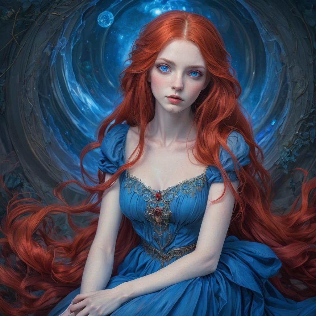Image with seed 1823452415 generated via Stable Diffusion through @stablehorde@sigmoid.social. Prompt: Full view portrait mystical ethereal red hair goddess wearing a blue dress , big blue eyes, full lips round face