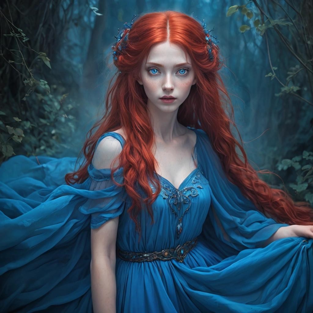 Image with seed 1823452415 generated via Stable Diffusion through @stablehorde@sigmoid.social. Prompt: Full view portrait mystical ethereal red hair goddess wearing a blue dress , big blue eyes, full lips round face