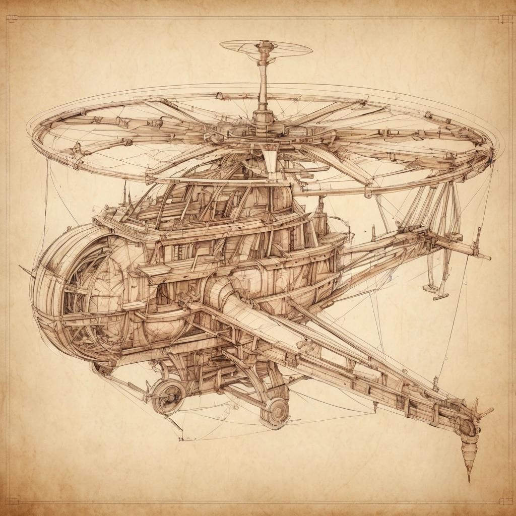 Image with seed 4288220845 generated via Stable Diffusion through @stablehorde@sigmoid.social. Prompt: Lineart, Renaissance pencil drawing of a giant wooden helicopter, technical drawing, Leonardo da Vinci, Renaissance technology concept