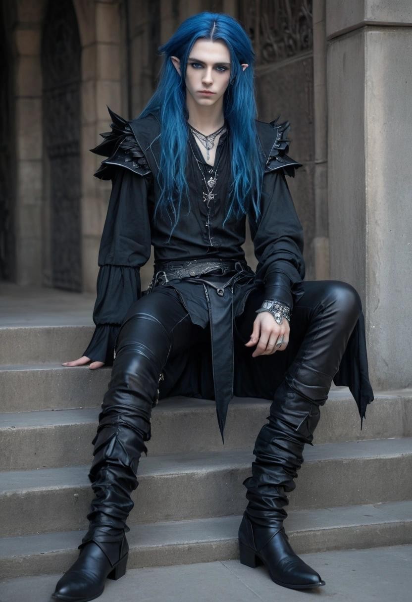 Image with seed 3967873842 generated via Stable Diffusion through @stablehorde@sigmoid.social. Prompt: a handsome High Elven goth boy with long blue hair, pointy ears, black ruffled shirt, tight black leather trousers, silver jewelry, pointy leather boots 