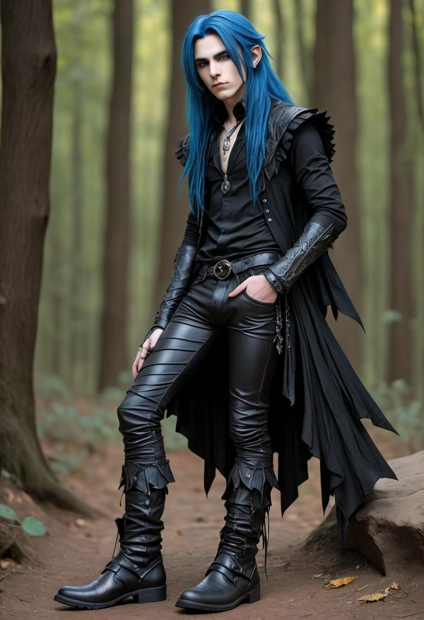 Image with seed 2654889337 generated via Stable Diffusion through @stablehorde@sigmoid.social. Prompt: a handsome High Elven goth boy with long blue hair, pointy ears, black ruffled shirt, tight black leather trousers, silver jewelry, pointy leather boots 