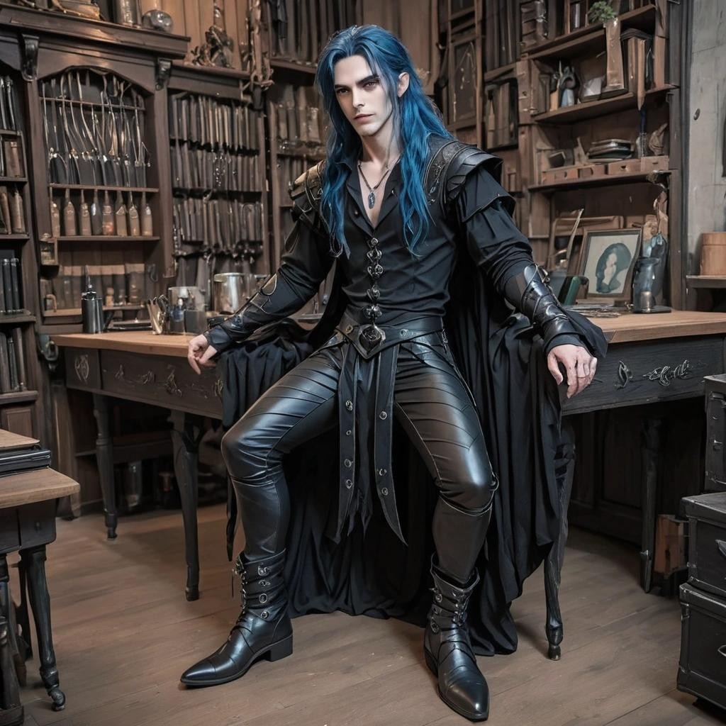 Image with seed 3794954226 generated via Stable Diffusion through @stablehorde@sigmoid.social. Prompt: a handsome High Elven goth boy with long blue hair, pointy ears, black ruffled shirt, tight black leather trousers, silver jewelry, pointy leather boots ###